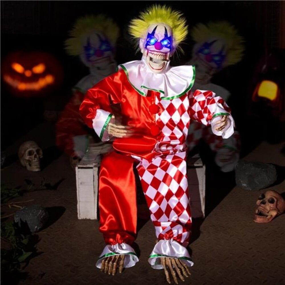 Halloween Animatronic Sitting Clown Decoration–Sound Activated Creepy Clown